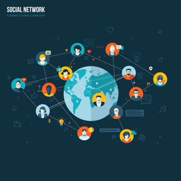 illustrations, cliparts, dessins animés et icônes de concept de design plat pour réseau social - social media circle wireless technology group of people