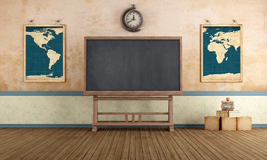 Old classroom with blackboard and vintage objects - rendering