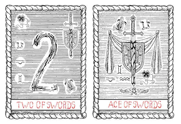 Vector illustration of Two and ace of swords. The tarot card