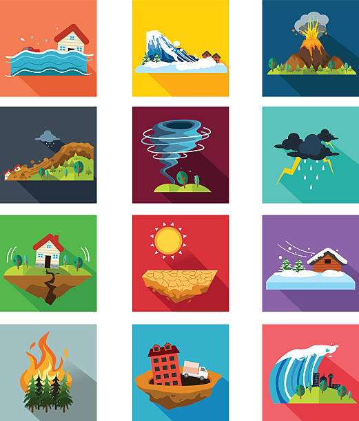 ilustrações de stock, clip art, desenhos animados e ícones de ícones de desastres naturais - natural disaster