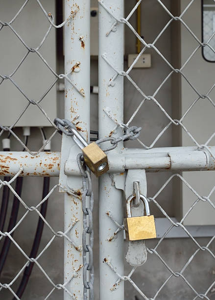 istock Brass padlock and metal door 498572507