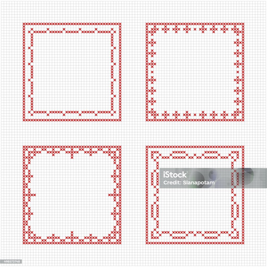 Scandinavian style cross stitch pattern Set of four square frames - Cross stitch pattern. Redwork ornament for embroidery. Cross-stitch border. Perfect for Christmas design. Vector illustration. Holiday - Event stock vector