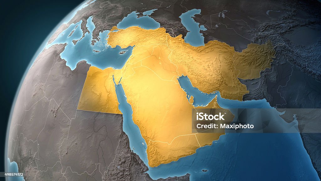 Map of Middle East: highlighted countries, looking west Map of Middle East on a Earth globe, looking west to Europe. Turkey, Syria, Lebanon, Israel, Jordan, Egypt, Saudi Arabia, Yemen, Oman, Qatar, United Arab Emirates, Kuwait, Iraq, Iran and Afghanistan are the main focus. Countries are highlighted in yellow, while seas are deep blue and land are brown gray. Europe and North Africa are also included in the frame, together with Mediterranean Sea and Persian Gulf. Physical and geographical features are visible. Geopolitics and diplomacy connected to history and geography. Map is blank, without country names. For illustration puroposes only, country grouping and current borders status may differ. Middle East Stock Photo