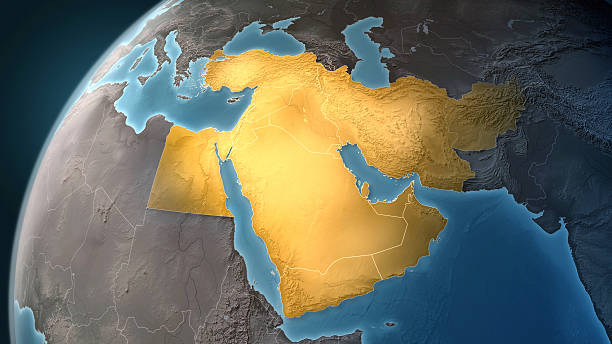 Map of Middle East: highlighted countries, looking west Map of Middle East on a Earth globe, looking west to Europe. Turkey, Syria, Lebanon, Israel, Jordan, Egypt, Saudi Arabia, Yemen, Oman, Qatar, United Arab Emirates, Kuwait, Iraq, Iran and Afghanistan are the main focus. Countries are highlighted in yellow, while seas are deep blue and land are brown gray. Europe and North Africa are also included in the frame, together with Mediterranean Sea and Persian Gulf. Physical and geographical features are visible. Geopolitics and diplomacy connected to history and geography. Map is blank, without country names. For illustration puroposes only, country grouping and current borders status may differ. country geographic area stock pictures, royalty-free photos & images