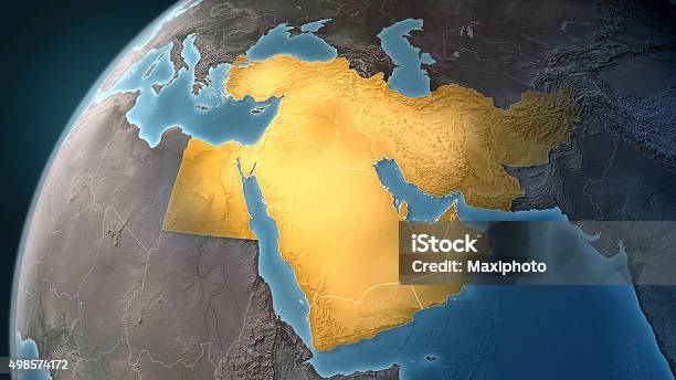 Map Of Middle East Highlighted Countries Looking West Stock Photo - Download Image Now