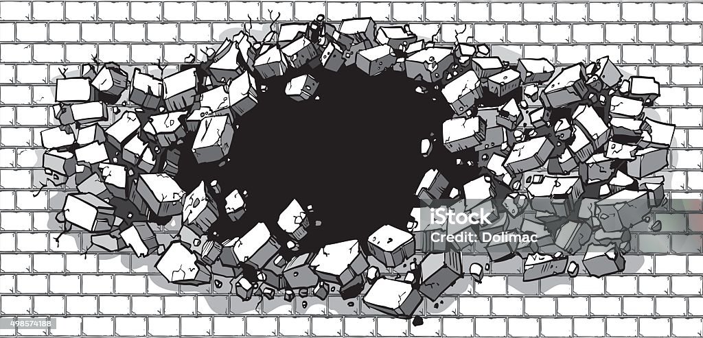 Hole Breaking Through Wide Brick Wall Vector cartoon clip art illustration of a hole in a wide brick or cinder block wall breaking or exploding out into rubble or debris. Ideal as a customizable background graphic element. Vector file is layered for easy customization. Brick Wall stock vector