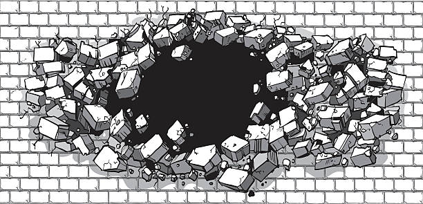 Hole Breaking Through Wide Brick Wall Vector cartoon clip art illustration of a hole in a wide brick or cinder block wall breaking or exploding out into rubble or debris. Ideal as a customizable background graphic element. Vector file is layered for easy customization. escaping illustrations stock illustrations