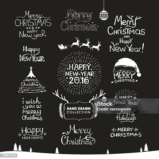 Vintage Merry Christmas And Happy New Year Calligraphic Hand Drawing Stock Illustration - Download Image Now