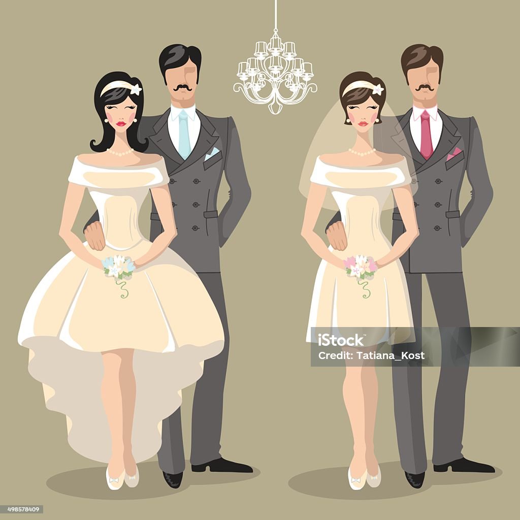Cute wedding set of cartoon couple bride and groom Two wedding couple.Cute cartoon groom and bride in retro style with A design template.The vector. Adult stock vector