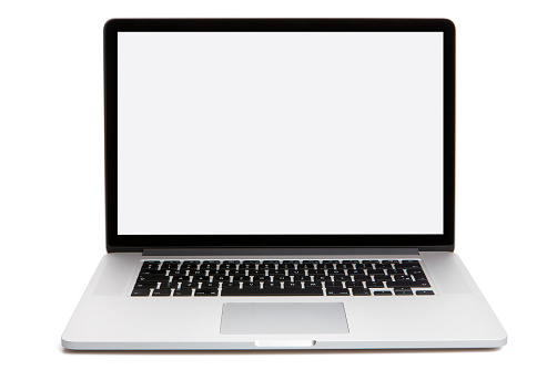 Taars, Denmark - May 7, 2013: Apple MacBook Pro displaying a blank white screen isolated on white. The MacBook Pro is Apple's thinnest, with Retina display.