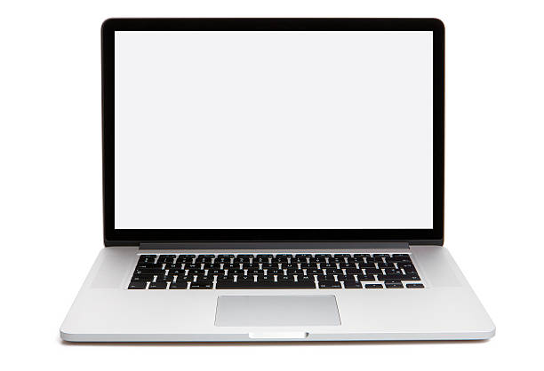 Macbook Pro Taars, Denmark - May 7, 2013: Apple MacBook Pro displaying a blank white screen isolated on white. The MacBook Pro is Apple's thinnest, with Retina display. apple computers photos stock pictures, royalty-free photos & images