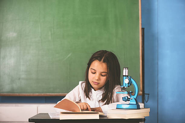 Schoolgirl  in a classroom stock photo