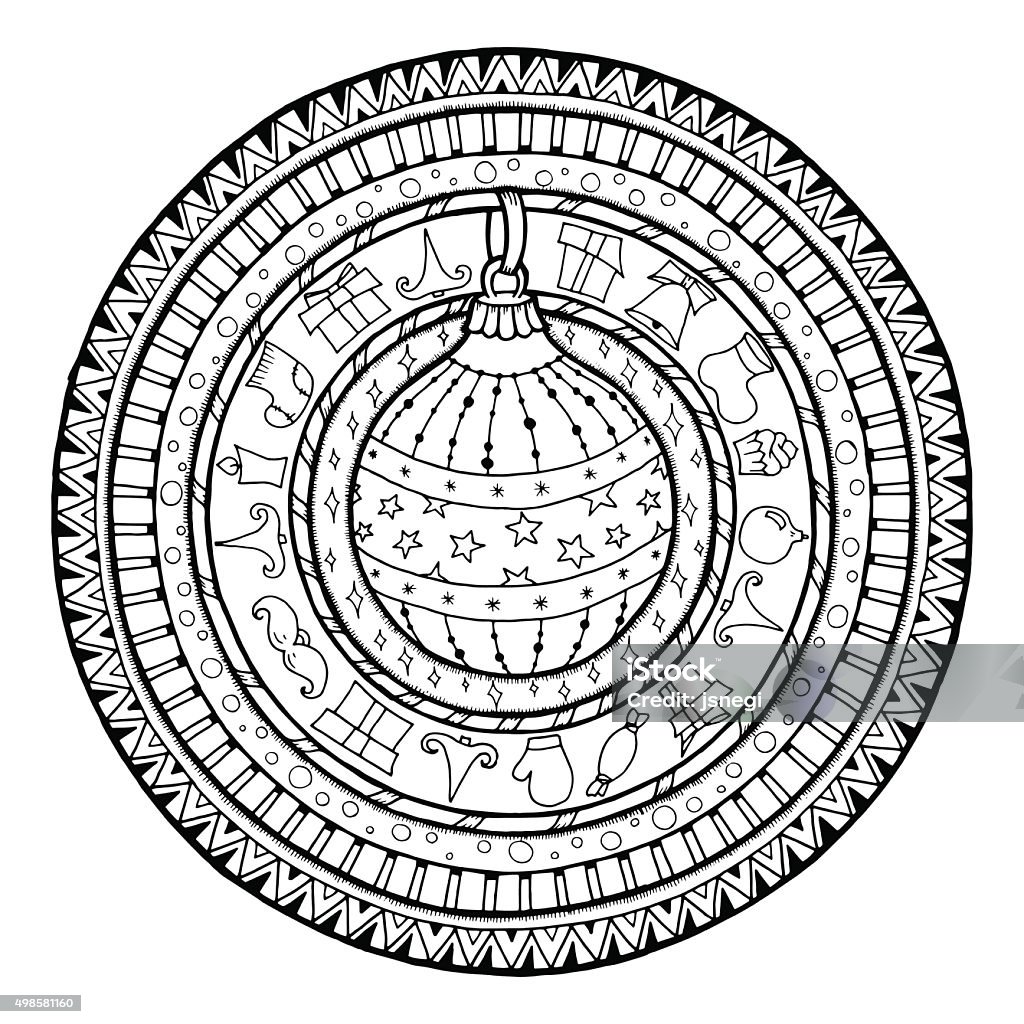 Doodle christmas ball on ethnic mandala. New Year theme. Doodle christmas ball on ethnic circle ornament. Hand drawn art winter mandala. Black and white ethnic background. pattern for coloring book for adults and kids. Adult stock vector