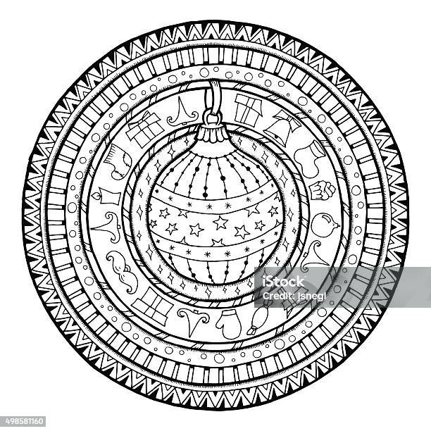 Doodle Christmas Ball On Ethnic Mandala Stock Illustration - Download Image Now - Adult, Coloring Book Page - Illlustration Technique, Snow