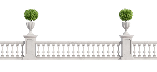 Classic balustrade with pedestal and vase with plants isolated on white - rendering