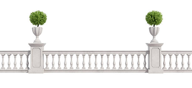 Classic balustrade isolated on white Classic balustrade with pedestal and vase with plants isolated on white - rendering balustrade stock pictures, royalty-free photos & images