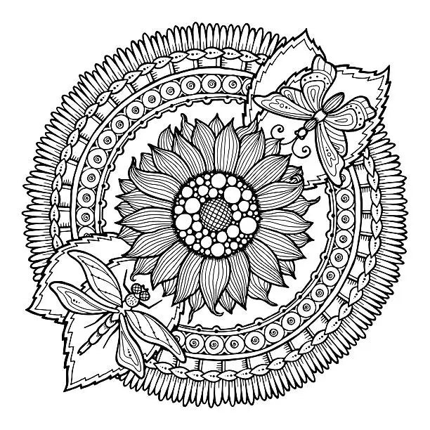 Vector illustration of Circle summer doodle flower in mandala.