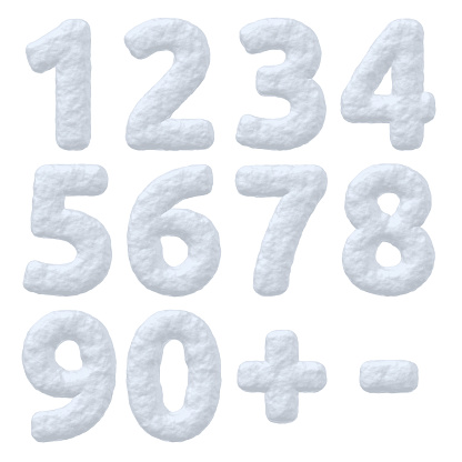Abstract creative snowy winter decoration elements collection: set of snow numbers, digits and signes isolated on white background, 3d illustration