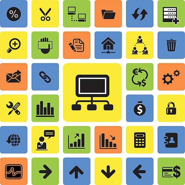 비즈니스 및 웹 아이콘 세트 - filing documents mail data network server stock illustrations