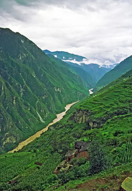 photo of aerial view of leaping tiger gorge, yunnan, china, with spectacular canyon, mountains, terraced fields and old houses