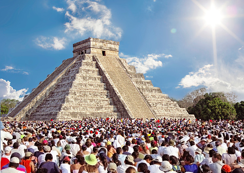 One of the most visited tourist sites in Mexico. Here during spring equinox. The fabled snake is visible.