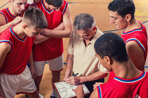 istock Basketball coach drawing game strategy with basketball team. 498603222