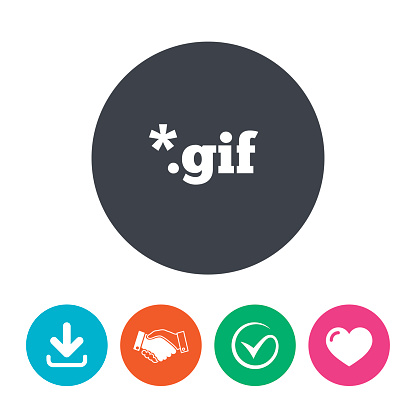 File GIF sign icon. Download image file symbol. Download arrow, handshake, tick and heart. Flat circle buttons.
