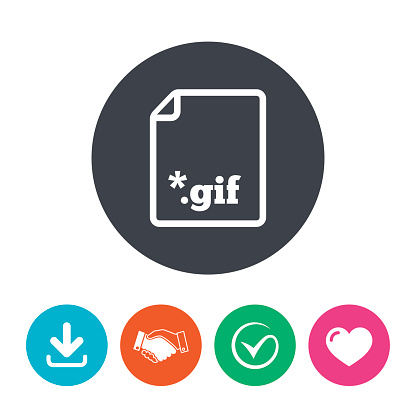 File GIF sign icon. Download image file symbol. Download arrow, handshake, tick and heart. Flat circle buttons.