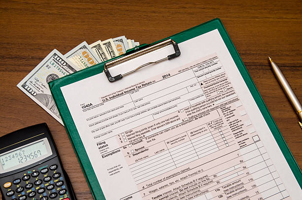 istock Tax form 1040 with dollar, calculator and pen 498606124