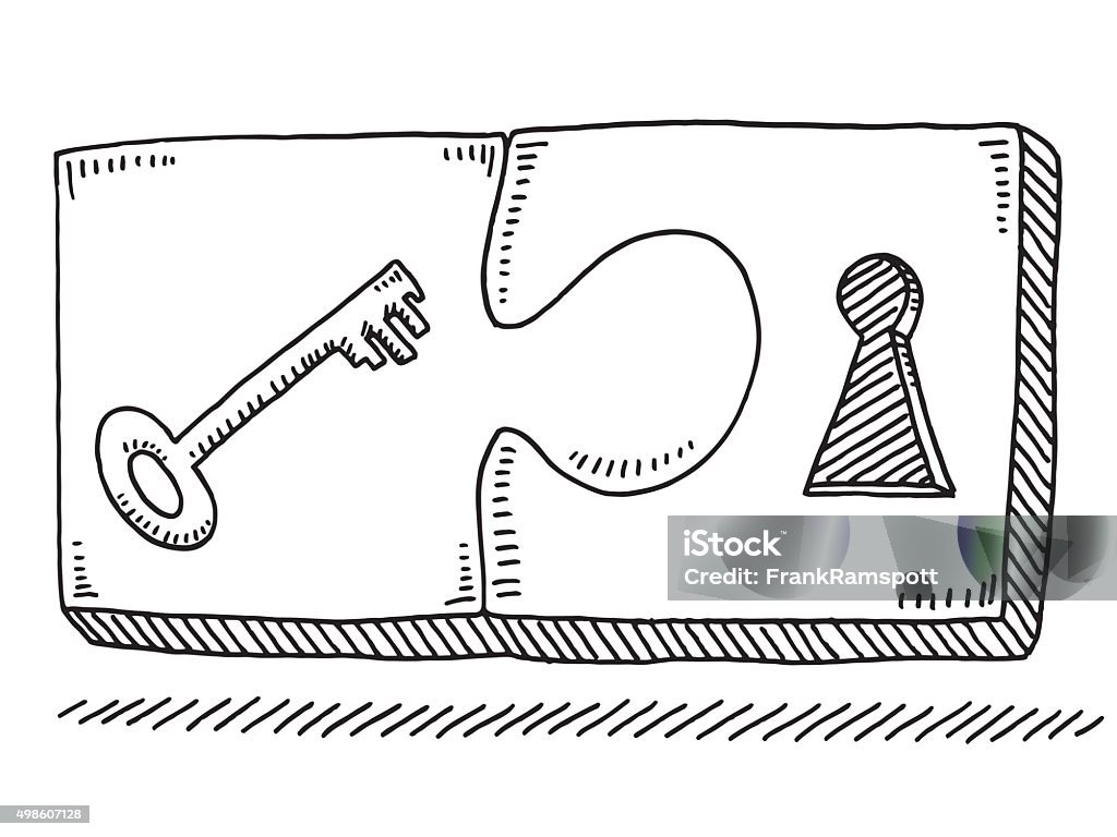 Key Lock Jigsaw Pieces Drawing Hand-drawn vector drawing of a Key and a Lock Symbol on two connected Jigsaw Pieces. Black-and-White sketch on a transparent background (.eps-file). Included files are EPS (v10) and Hi-Res JPG. Key stock vector