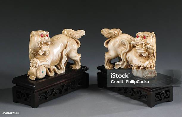 Pair Chinese Ivory Foo Lions Stock Photo - Download Image Now - Carving - Craft Product, Ivory - Material, Antique