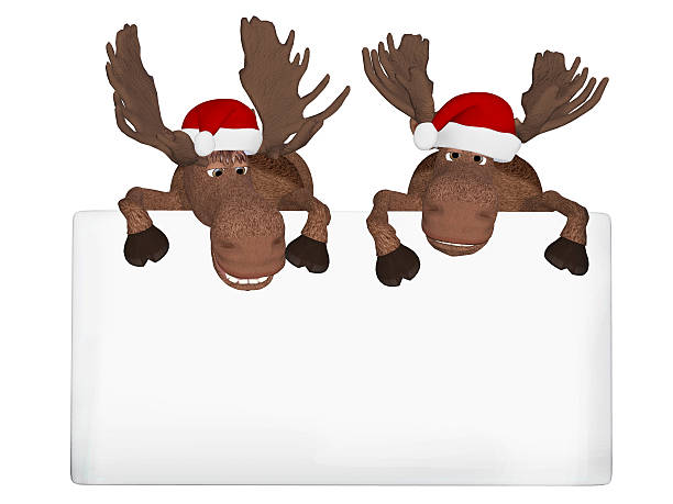 istock Christmas cartoon mooses with a blank board 498611094