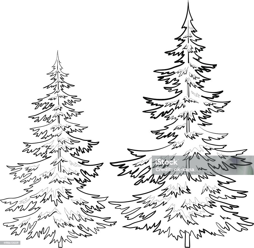 Fur-tree, contours Fir trees, Christmas winter symbol, contours isolated on white background. Vector Black And White stock vector