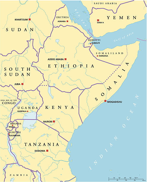 East Africa Political Map Political map of East Africa with capitals, national borders, rivers and lakes. Vector illustration with English labeling and scaling. east africa stock illustrations
