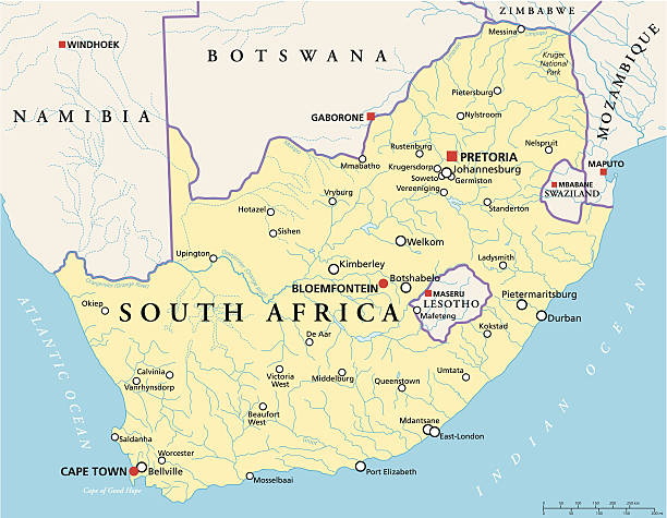 South Africa Political Map Political map of South Africa with the capitals Pretoria, Bloemfontein and Cape Town, with national borders, most important cities, rivers and lakes. Vector illustration with English labeling and scaling. cape peninsula stock illustrations