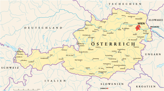 Political map of Austria with capital Vienna, national borders, most important cities, rivers and lakes. Vector illustration with German labeling and scaling.