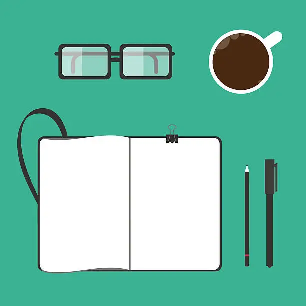 Vector illustration of Coffee cup, notebook, glasses, pen, pencil