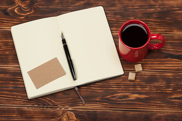 istock Blank Open Notepad. Cup Of Coffee. Wooden Background 498614584