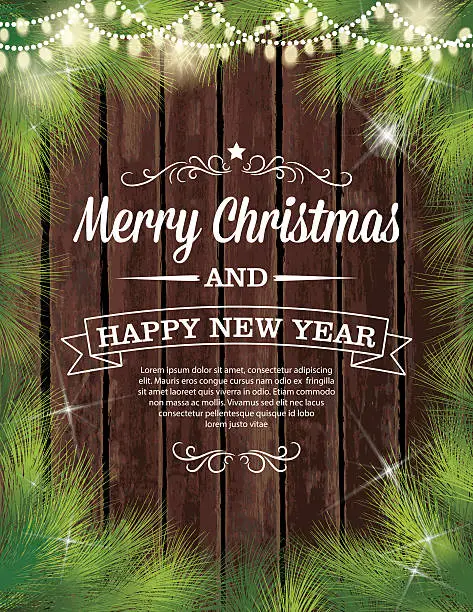 Vector illustration of Twinkling Christmas Lights Evergreen Wood Background