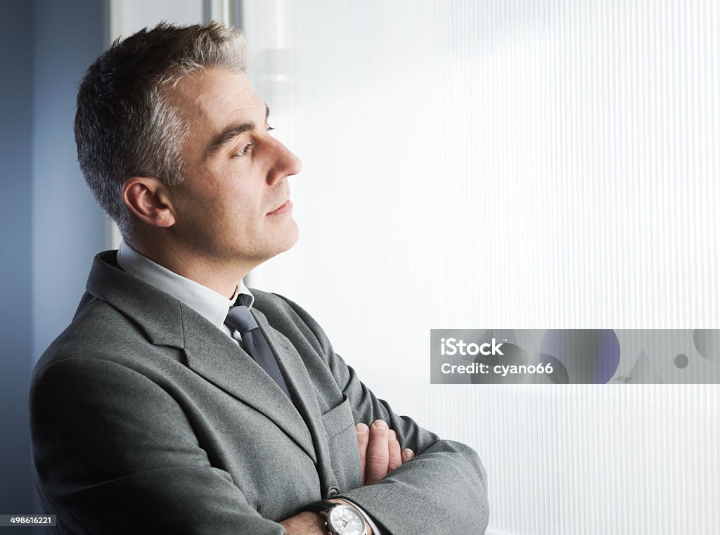 Confident businessman at office Confident businessman with arms crossed looking through a window. Adult Stock Photo