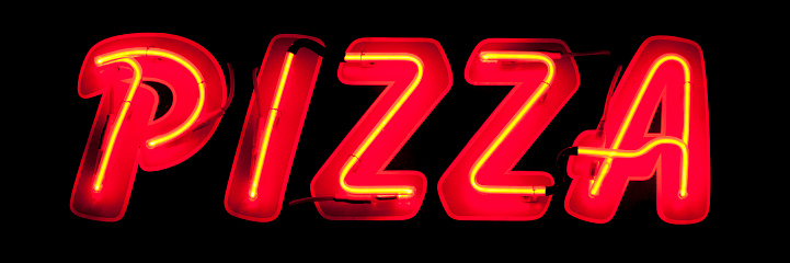 A neon light shaped into the word pizza.
