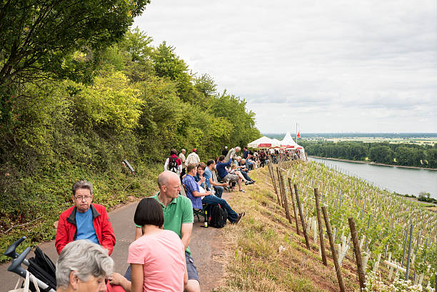 Nierstein , Red Slope, Germany Nierstein, Germany - June 14, 2014: Wein vom Roten Hang e.V." presentation at the Roter Hang vineyard . The association consists of 31 winemakers promote at a public location the famous Riesling wines of Nierstein wine area "Roter Hang" . The people are tasting wine, watching and walking from pavilion to pavilion at the red hillside. nierstein stock pictures, royalty-free photos & images