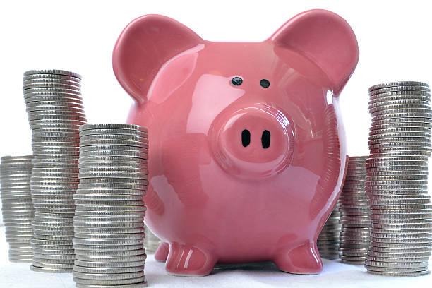 Piggy bank between coin stacks stock photo