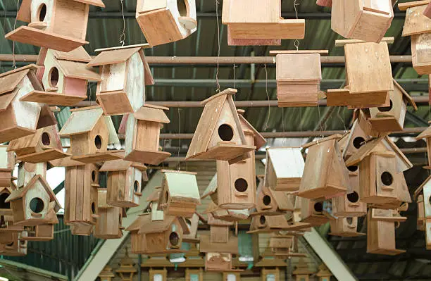 A lot of wooden small houses for birds