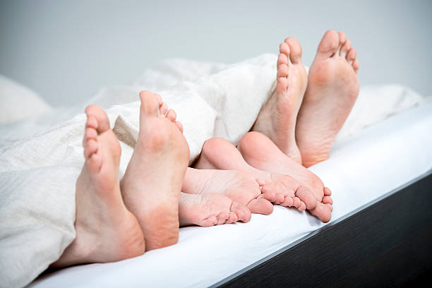 Under the cover Family laying down on a bed, under the blanket, with their feet looking out. bed human foot couple two parent family stock pictures, royalty-free photos & images