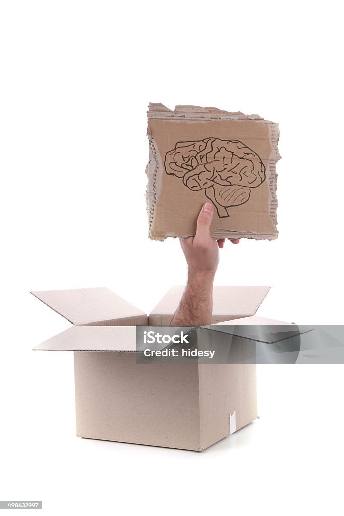 Gehirn-Schild außerhalb der Box auf weißem Hintergrund - Lizenzfrei Betrachtung Stock-Foto