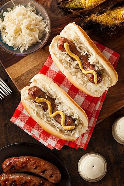 istock Homemade bratwurst with sauerkraut and mustard 498643793