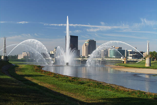 River Water Fountain and Cityscape Skyline of Dayton,Ohio, Morning stock photo