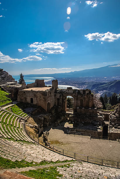 Ruins of the Greek/Roman theater with Mt. Etna in the background.