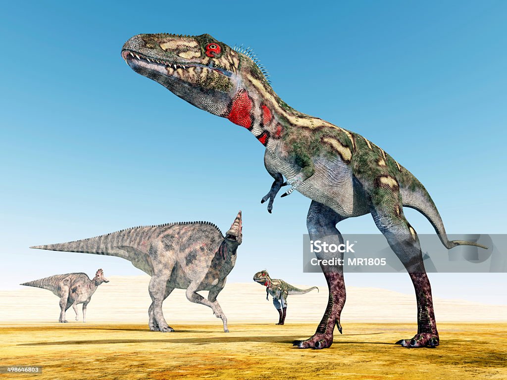 Corythosaurus and Nanotyrannus Computer generated 3D illustration with the Dinosaurs Corythosaurus and Nanotyrannus Aggression Stock Photo